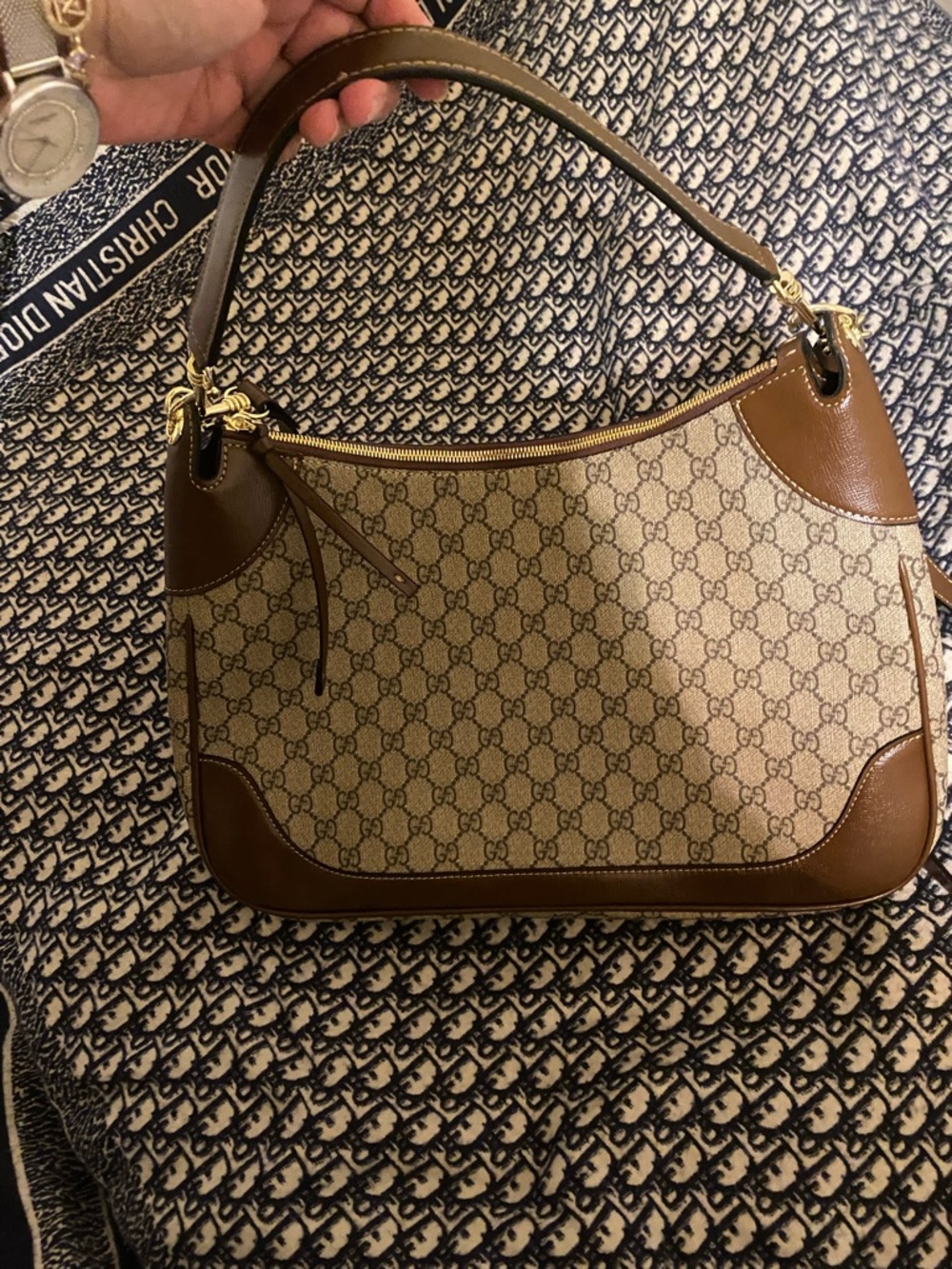 Gucci Brown GG Monogram Canvas Shoulder Bag with Tan Leather Trim